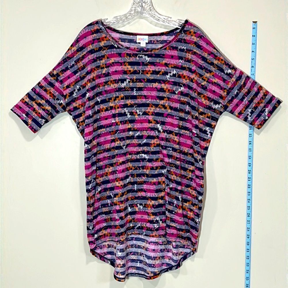 LuLaRoe Purple Striped Floral Short Sleeve Shirt. Size Medium.